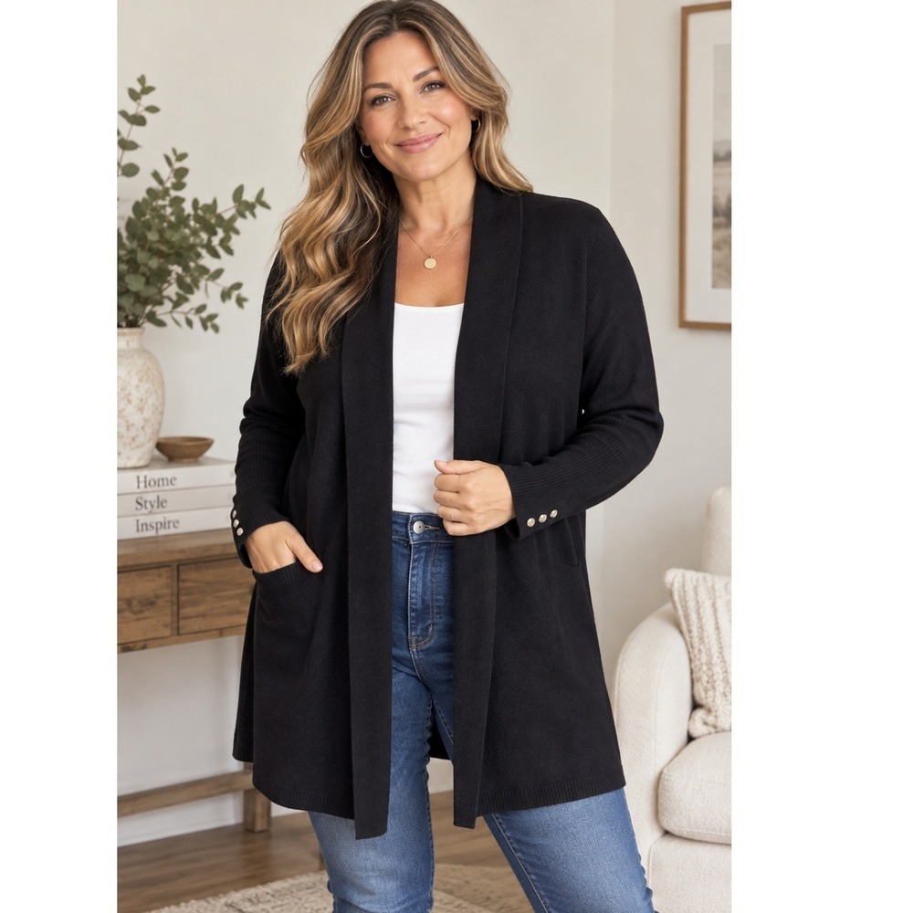 3/$25 Verve ami Women Cardigan L Navy Blue Open Front Button Cuff Ribbed Knit